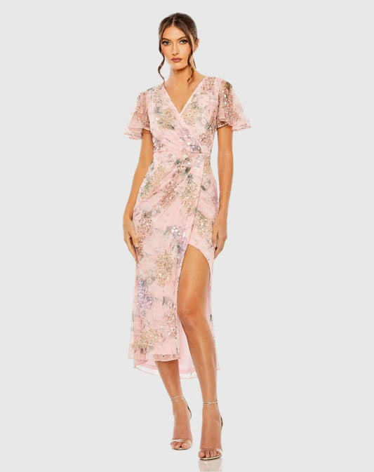 Mac Duggal Pink Embellished Floral Flutter Sleeve Midi Dress