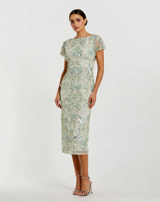 Mac Duggal Green Embellished Cap Sleeve Midi Dress
