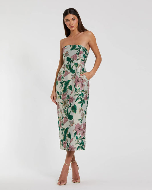 Mac Duggal Floral Brocade Strapless Fitted Midi Dress