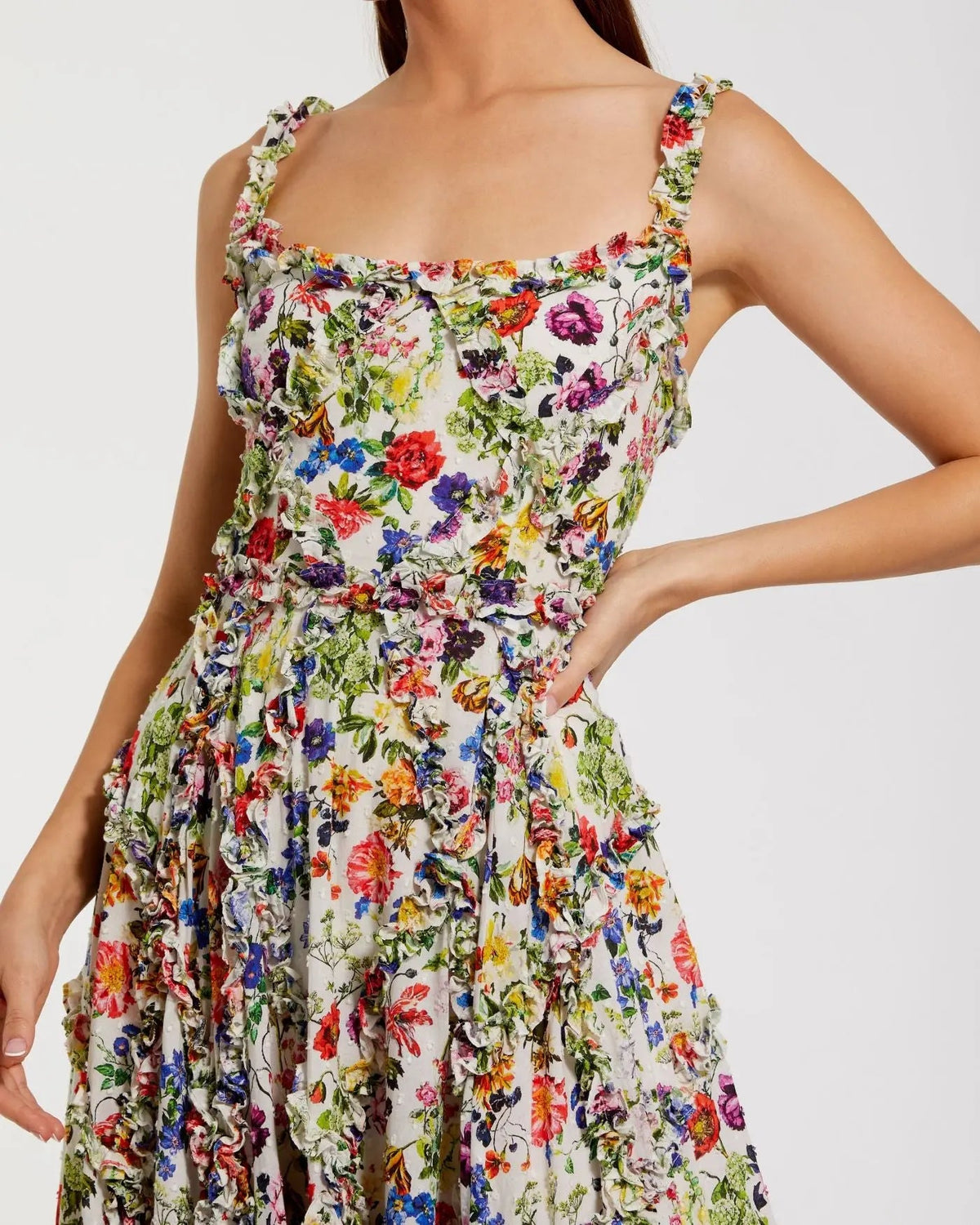 Mac Duggal Multicolor Ruffle Scoop Neck Floral A-Line Dress