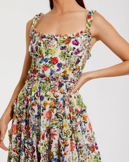 Mac Duggal Multicolor Ruffle Scoop Neck Floral A-Line Dress