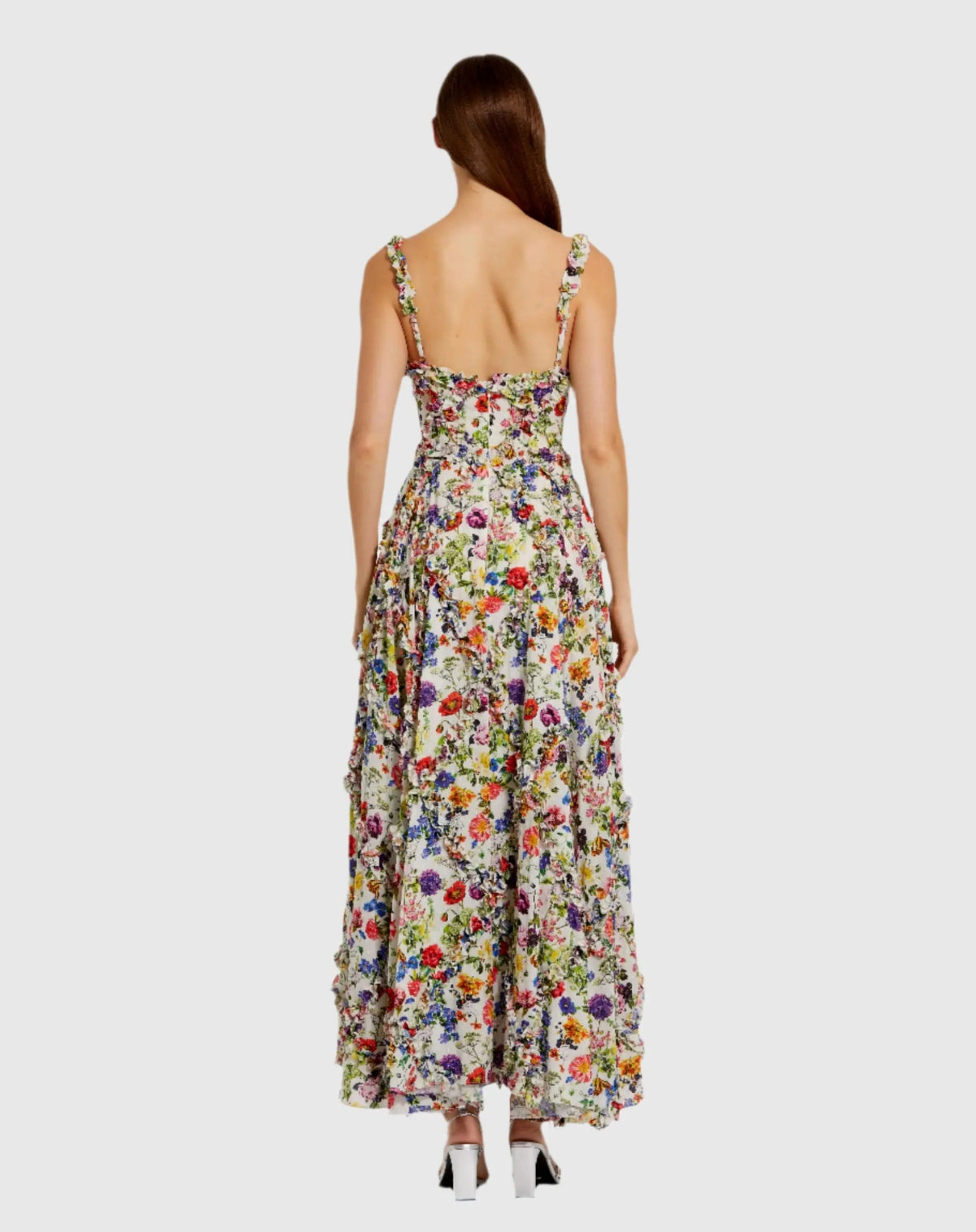 Mac Duggal Multicolor Ruffle Scoop Neck Floral A-Line Dress