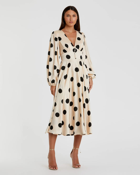 Mac Duggal Beige Polka Dot Charmeuse Long Sleeve V Neck Midi Dress