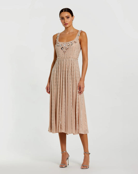 Mac Duggal Pink Sleeveless Scoop Neck Embellished Midi Dress