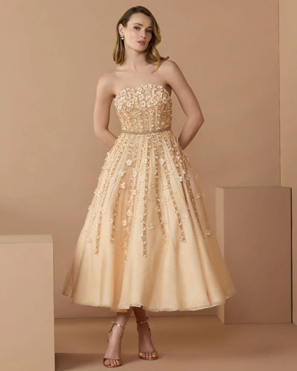 Mac Duggal Beige Strapless Floral Embellished Midi Dress