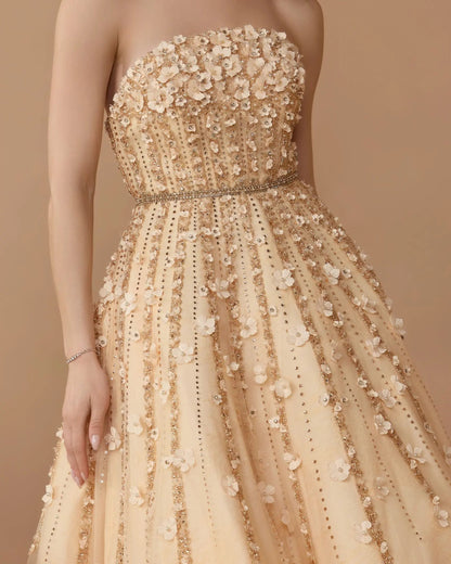 Mac Duggal Beige Strapless Floral Embellished Midi Dress