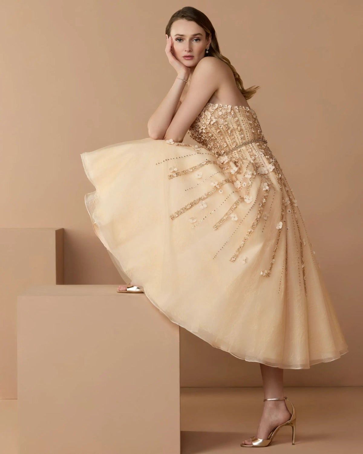 Mac Duggal Beige Strapless Floral Embellished Midi Dress