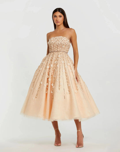Mac Duggal Beige Strapless Floral Embellished Midi Dress