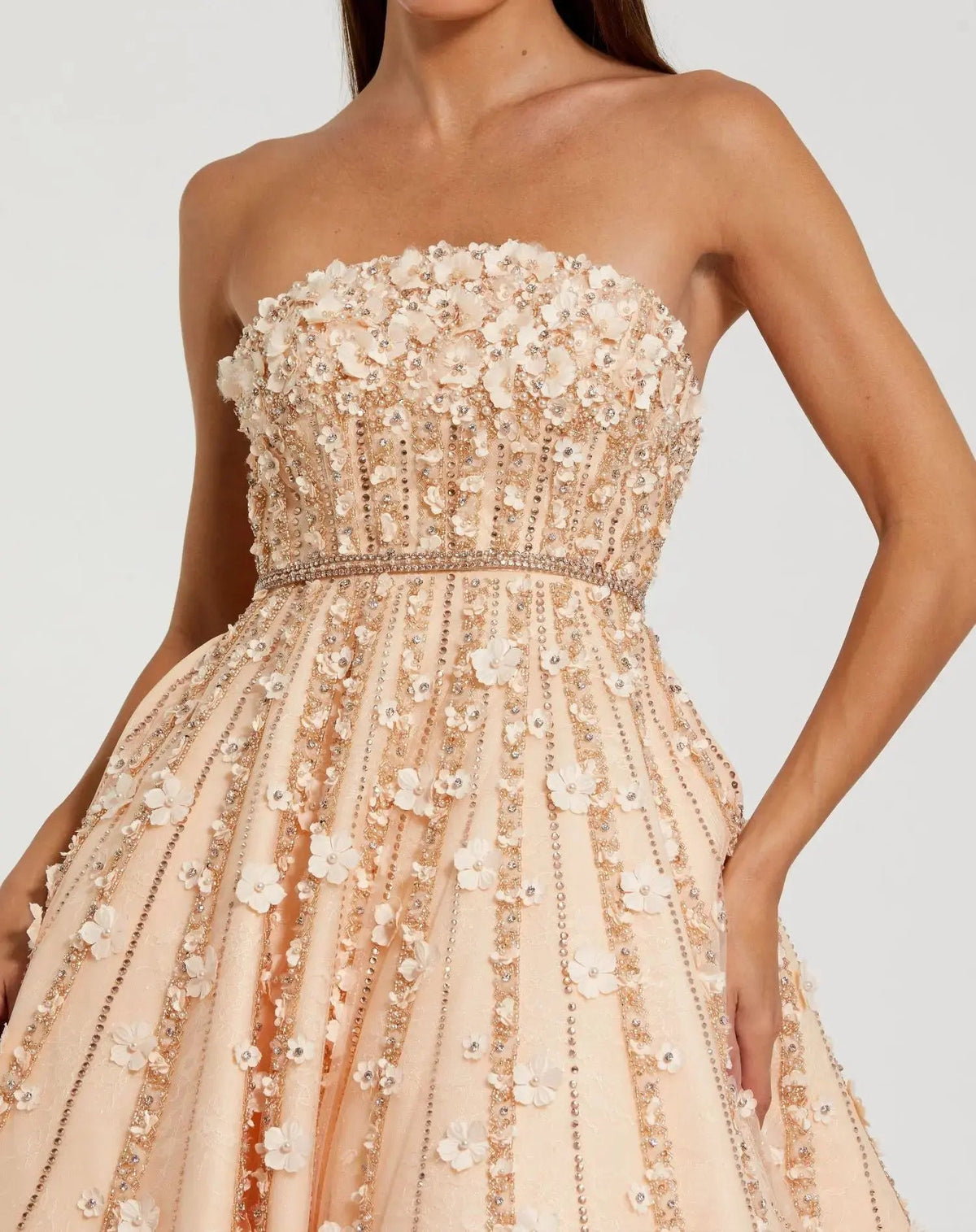 Mac Duggal Beige Strapless Floral Embellished Midi Dress