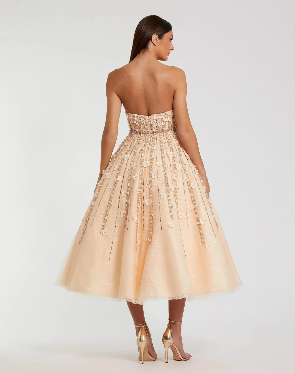 Mac Duggal Beige Strapless Floral Embellished Midi Dress