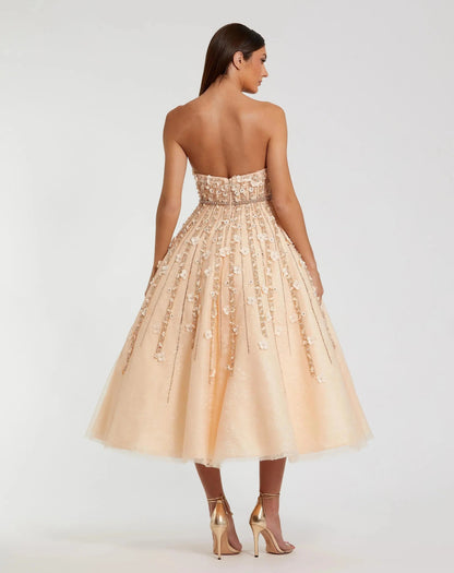 Mac Duggal Beige Strapless Floral Embellished Midi Dress