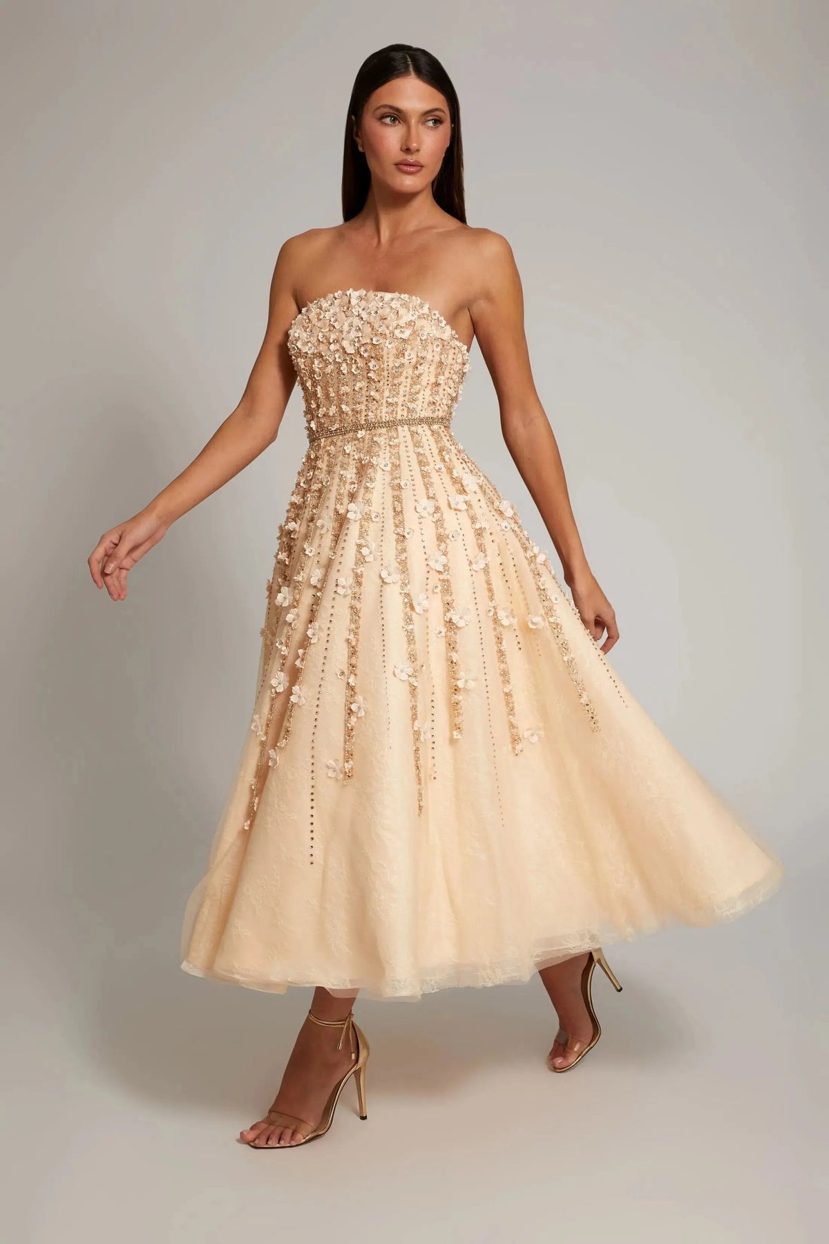 Mac Duggal Beige Strapless Floral Embellished Midi Dress