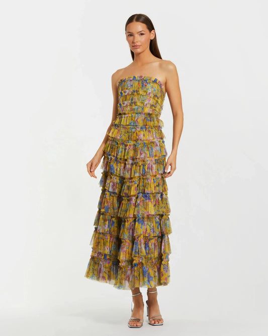 Mac Duggal Yellow Floral Strapless Ruffle Maxi Dress