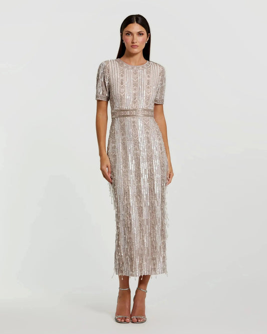 Mac Duggal Pink High Neck Short Sleeve Crystal Fringe Column Dress Duggal