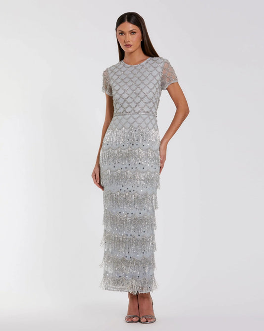 Mac Duggal Blue Cap Sleeve Embellished Fringe Maxi Dress