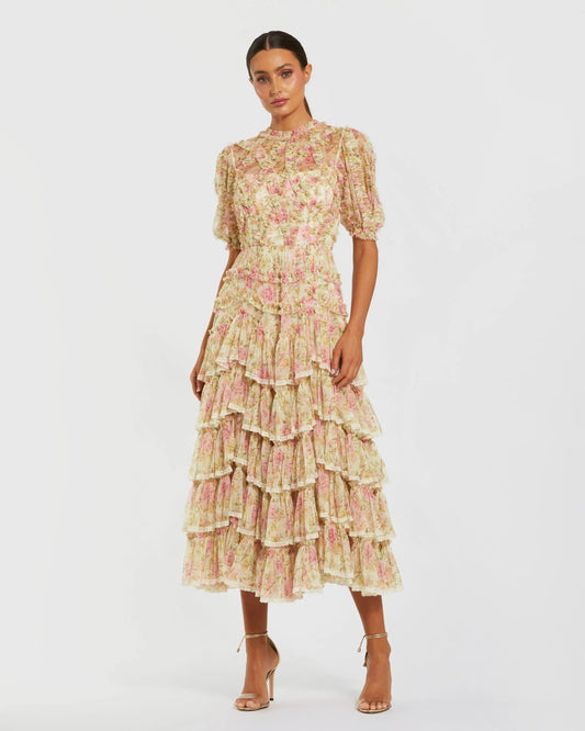 Mac Duggal Beige Lace Trim Printed Mesh High Neck Midi Dress