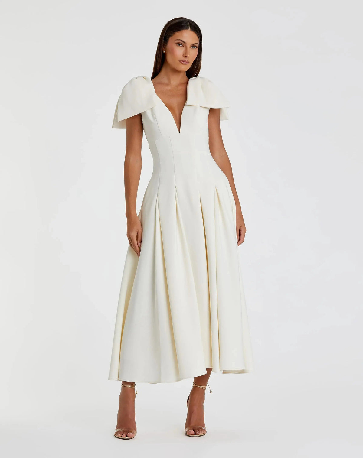 Mac Duggal Ivory Crepe A Line Midi Dress With Bow Straps