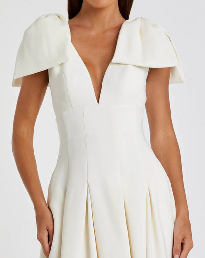 Mac Duggal Ivory Crepe A Line Midi Dress With Bow Straps