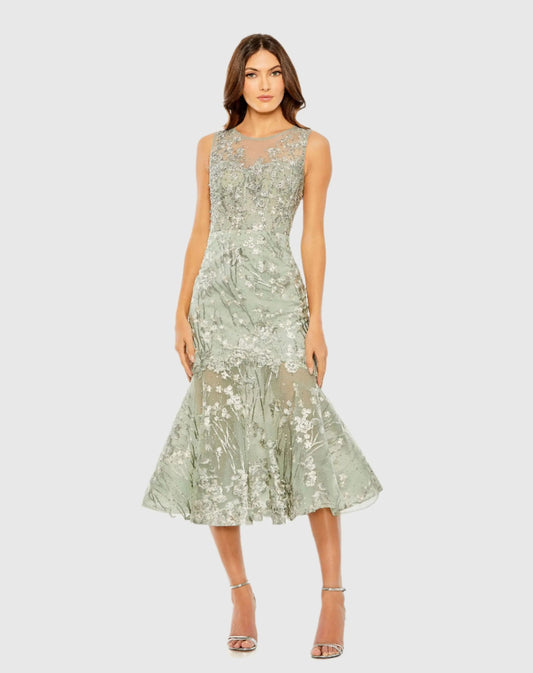 Mac Duggal Sage Green Sleeveless Embroidered Trumpet Midi Dress