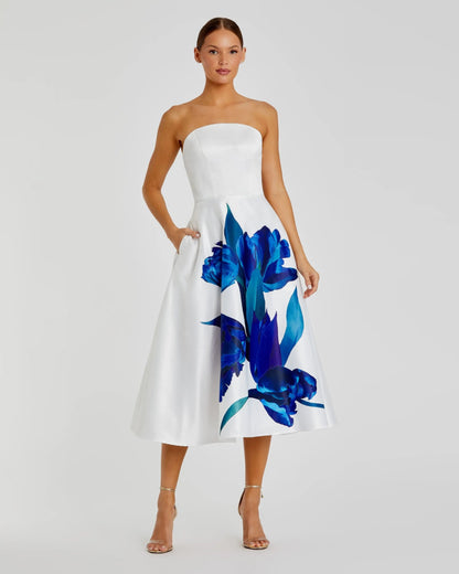 Mac Duggal White Strapless Satin Midi Dress With Flower Print