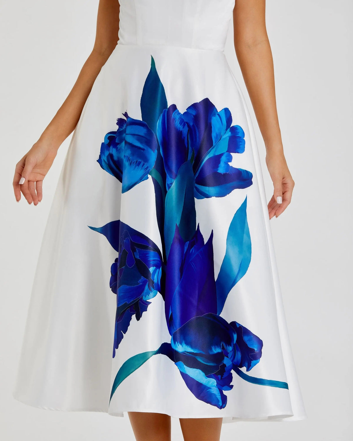 Mac Duggal White Strapless Satin Midi Dress With Flower Print