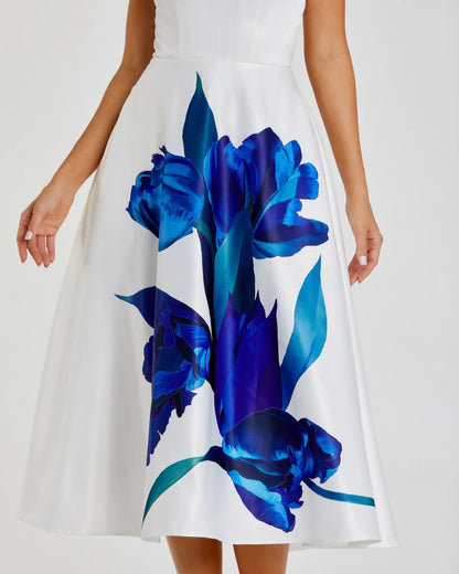 Mac Duggal White Strapless Satin Midi Dress With Flower Print