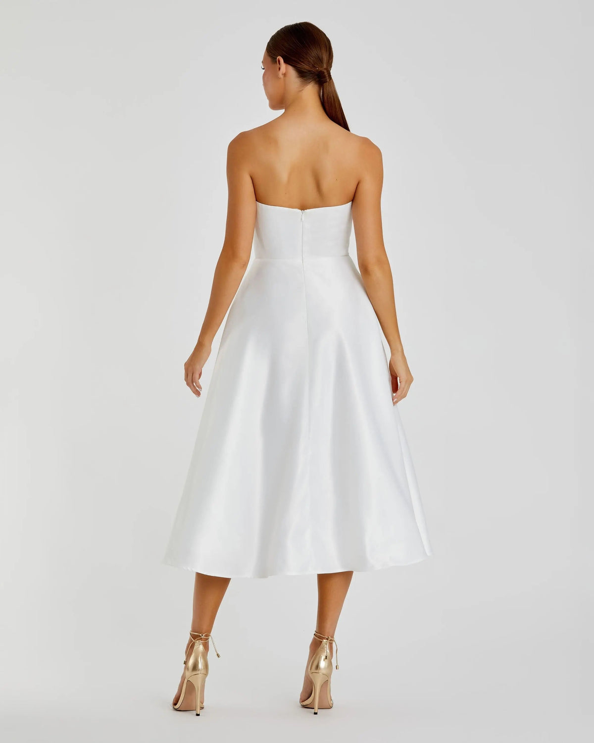 Mac Duggal White Strapless Satin Midi Dress With Flower Print