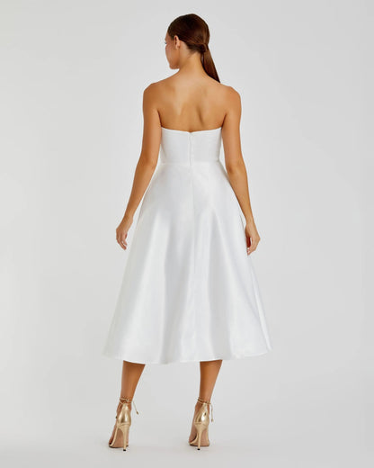 Mac Duggal White Strapless Satin Midi Dress With Flower Print