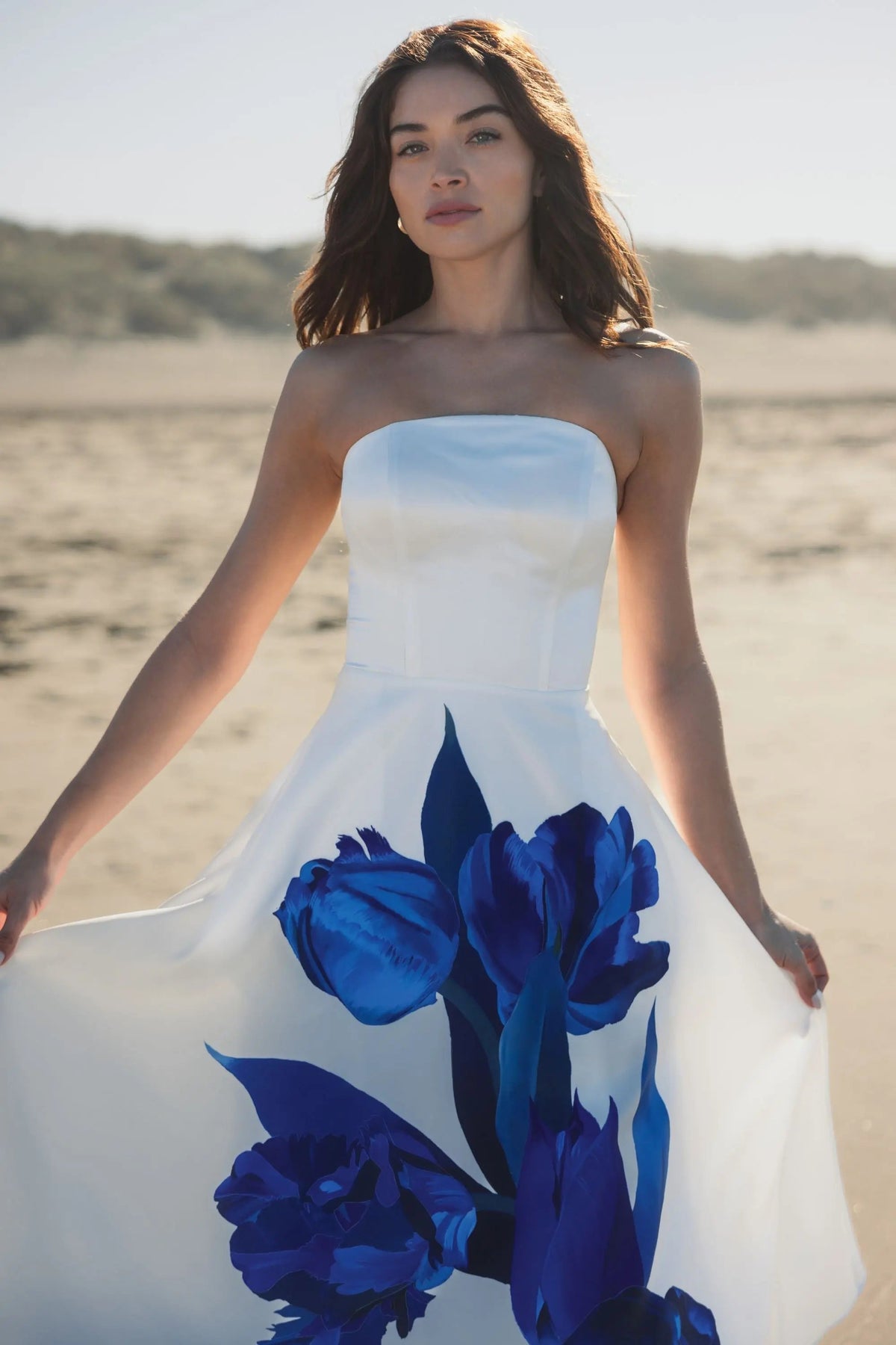 Mac Duggal White Strapless Satin Midi Dress With Flower Print