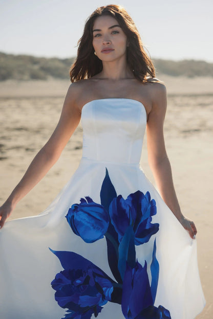 Mac Duggal White Strapless Satin Midi Dress With Flower Print