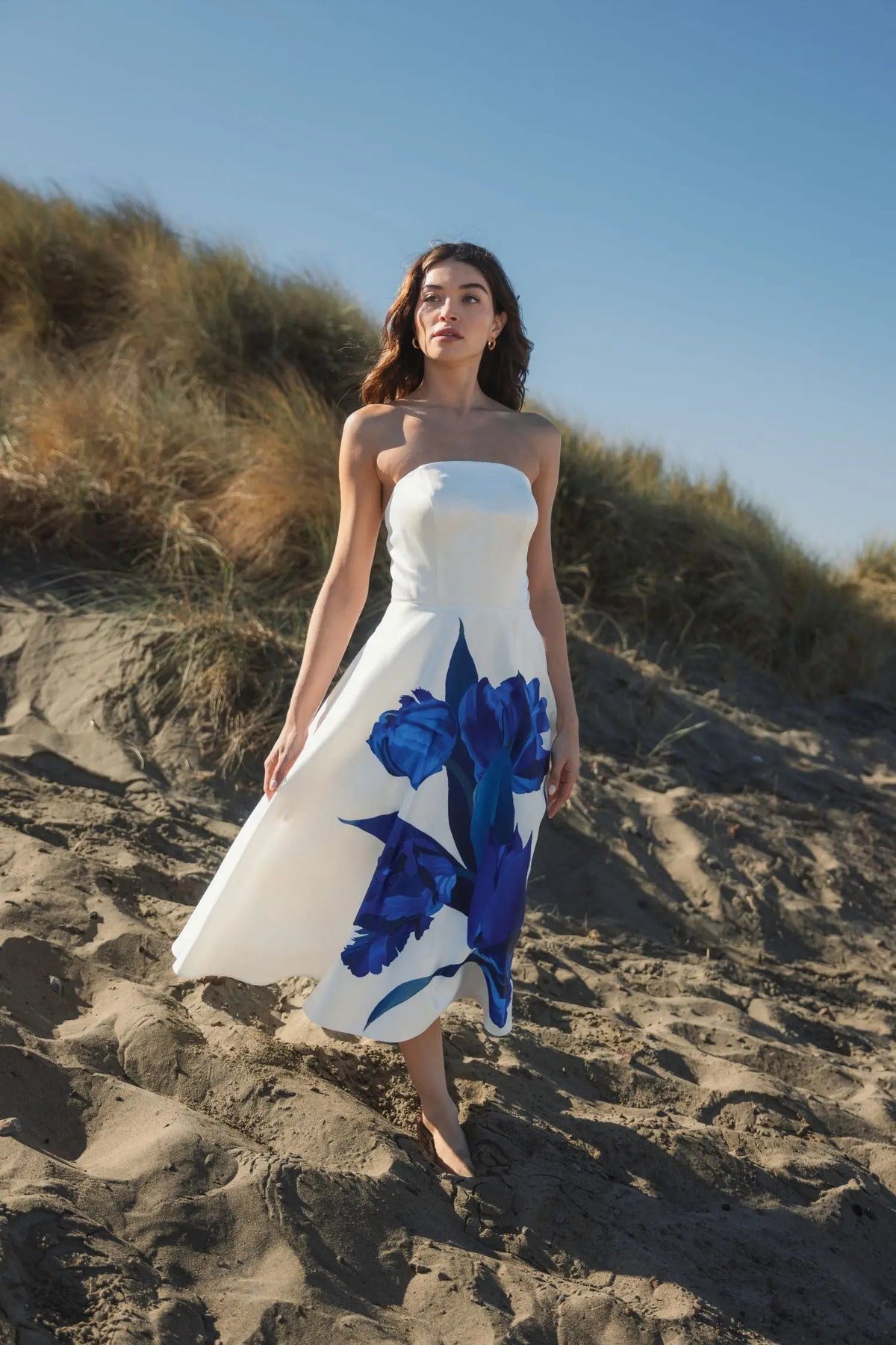 Mac Duggal White Strapless Satin Midi Dress With Flower Print