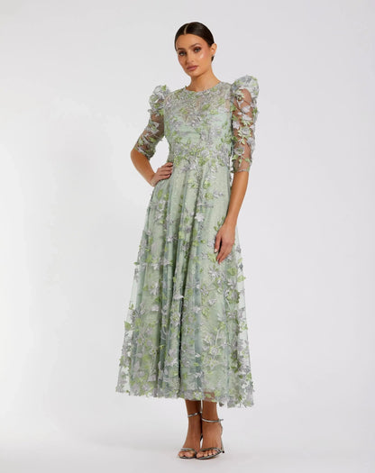 Mac Duggal Green Applique High Neck Puff Sleeve A Line Dress Duggal