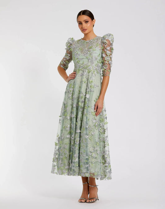 Mac Duggal Green Applique High Neck Puff Sleeve A Line Dress Duggal