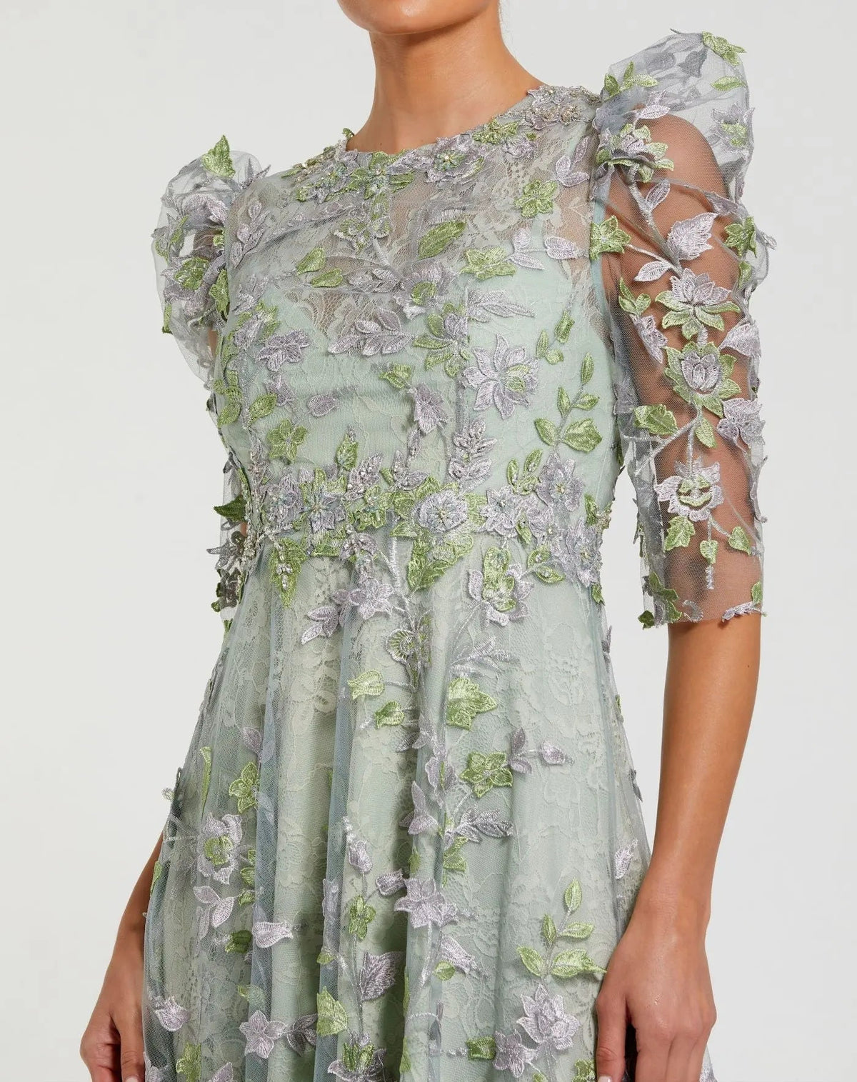 Mac Duggal Green Applique High Neck Puff Sleeve A Line Dress Duggal