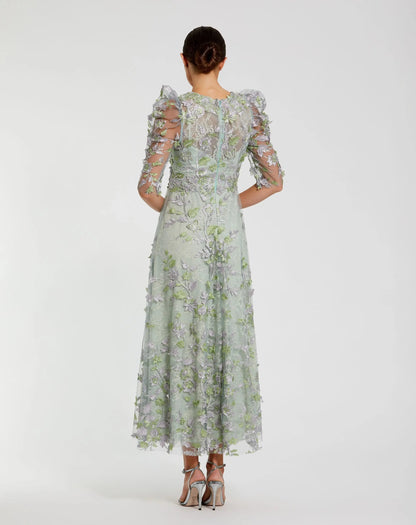 Mac Duggal Green Applique High Neck Puff Sleeve A Line Dress Duggal