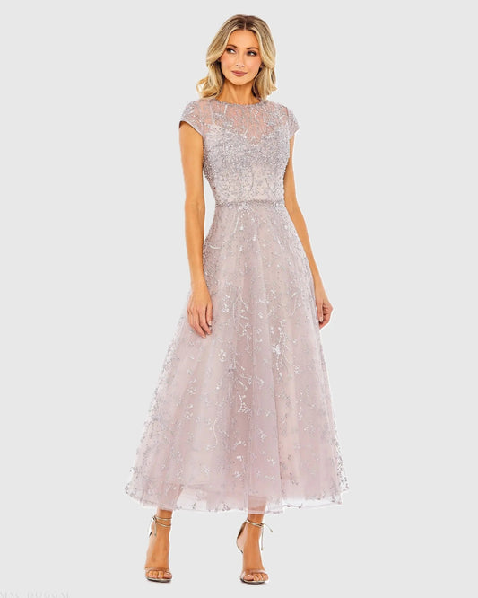 Mac Duggal Purple Embellished High Neck Cap Sleeve A Line Dress