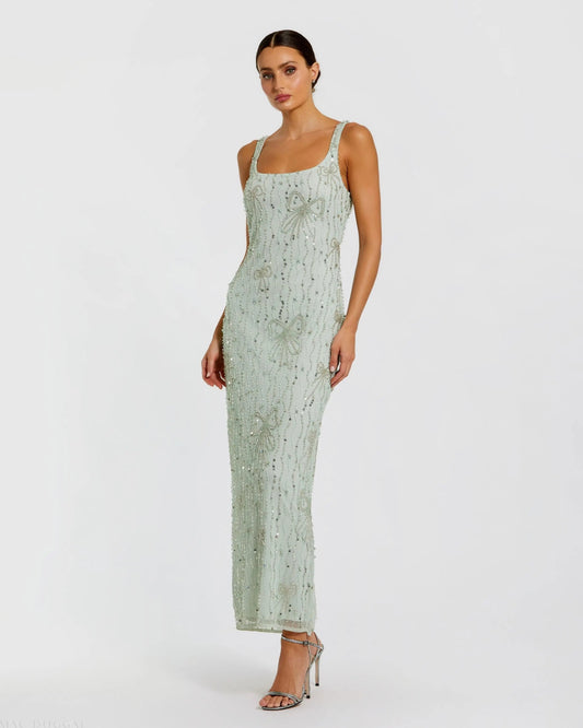 Mac Duggal Green Beaded Bow Embellished Midi Dress