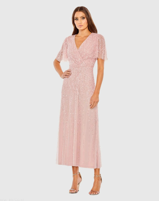 Mac Duggal Pink Beaded Wrap Over Butterfly Sleeve Dress Duggal