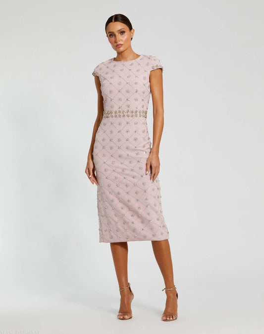 Mac Duggal Pink Hand Embellished High Neck Midi Dress
