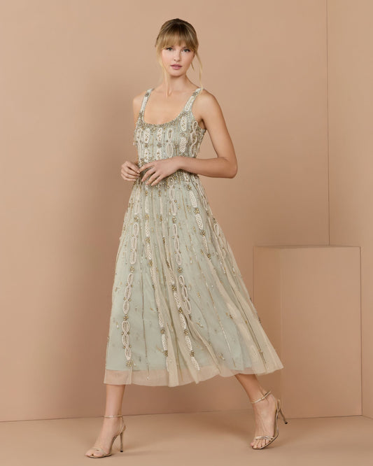 Mac Duggal Green Sleeveless Scoop Neck Embellished Midi Dress