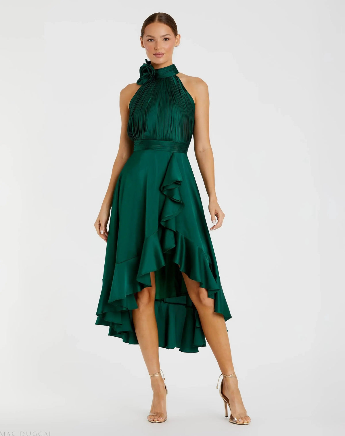 Mac Duggal Green Halter Neck Flower Detail Ruffled Midi Dress