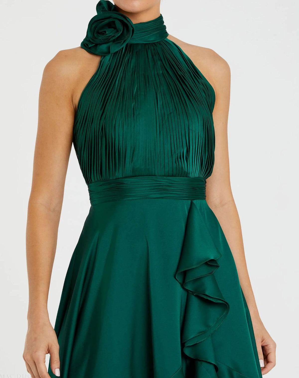Mac Duggal Green Halter Neck Flower Detail Ruffled Midi Dress