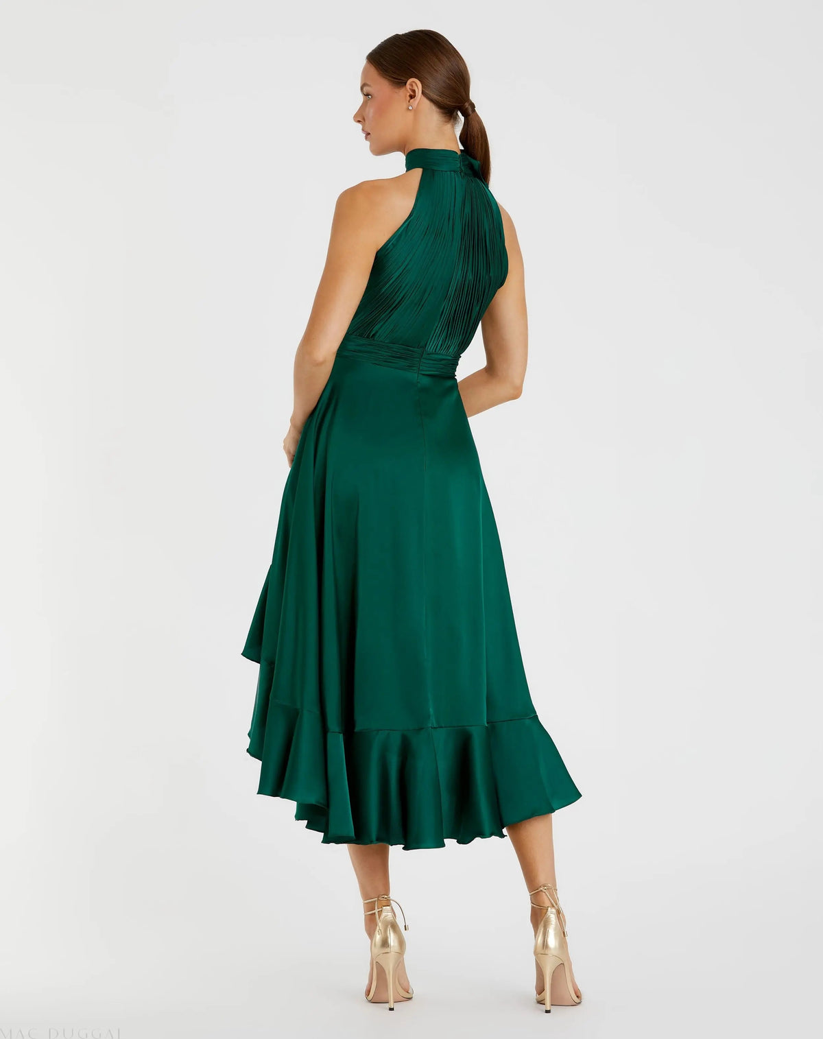 Mac Duggal Green Halter Neck Flower Detail Ruffled Midi Dress