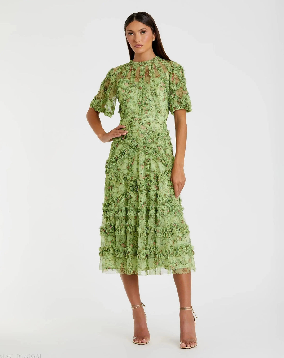 Mac Duggal Green Floral Midi Dress with Ruffle Detailing