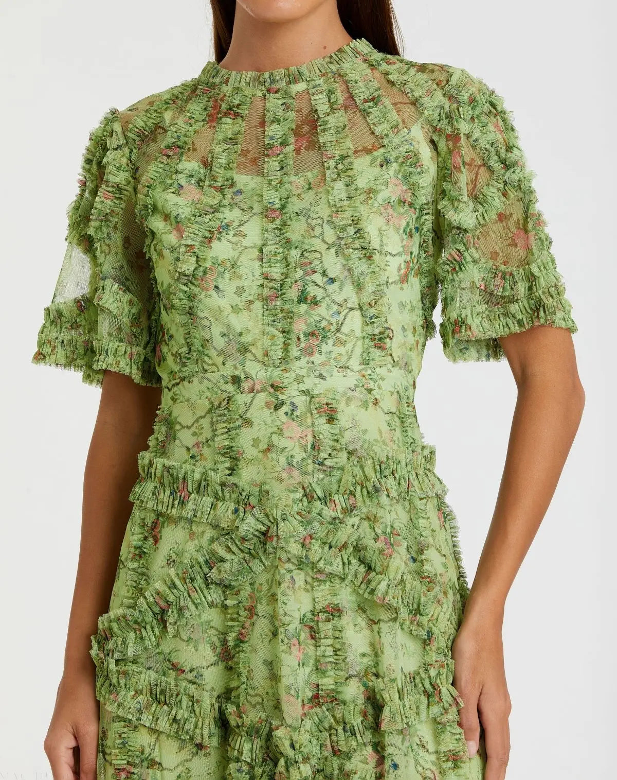 Mac Duggal Green Floral Midi Dress with Ruffle Detailing