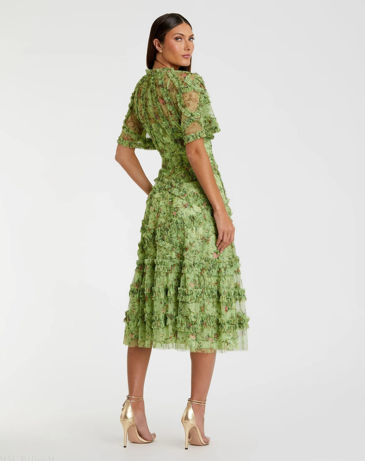 Mac Duggal Green Floral Midi Dress with Ruffle Detailing