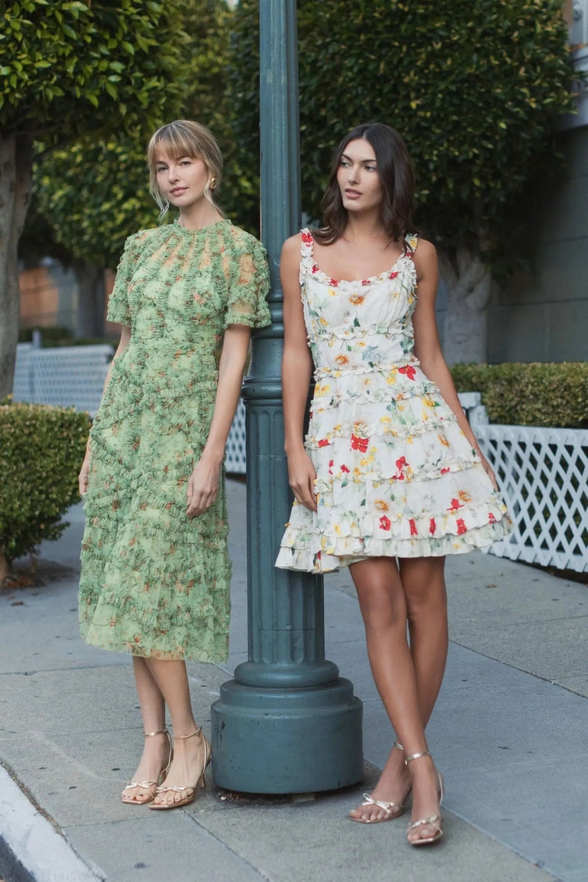 Mac Duggal Green Floral Midi Dress with Ruffle Detailing