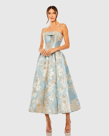 Mac Duggal Light Blue Strapless Brocade Midi Dress With Pockets
