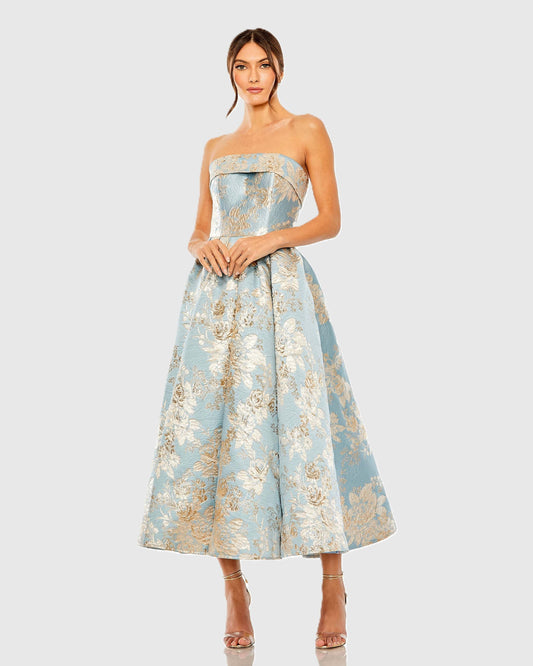 Mac Duggal Light Blue Strapless Brocade Midi Dress With Pockets