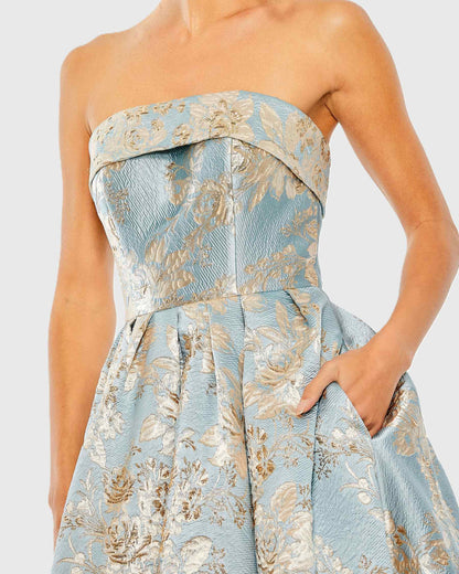 Mac Duggal Light Blue Strapless Brocade Midi Dress With Pockets